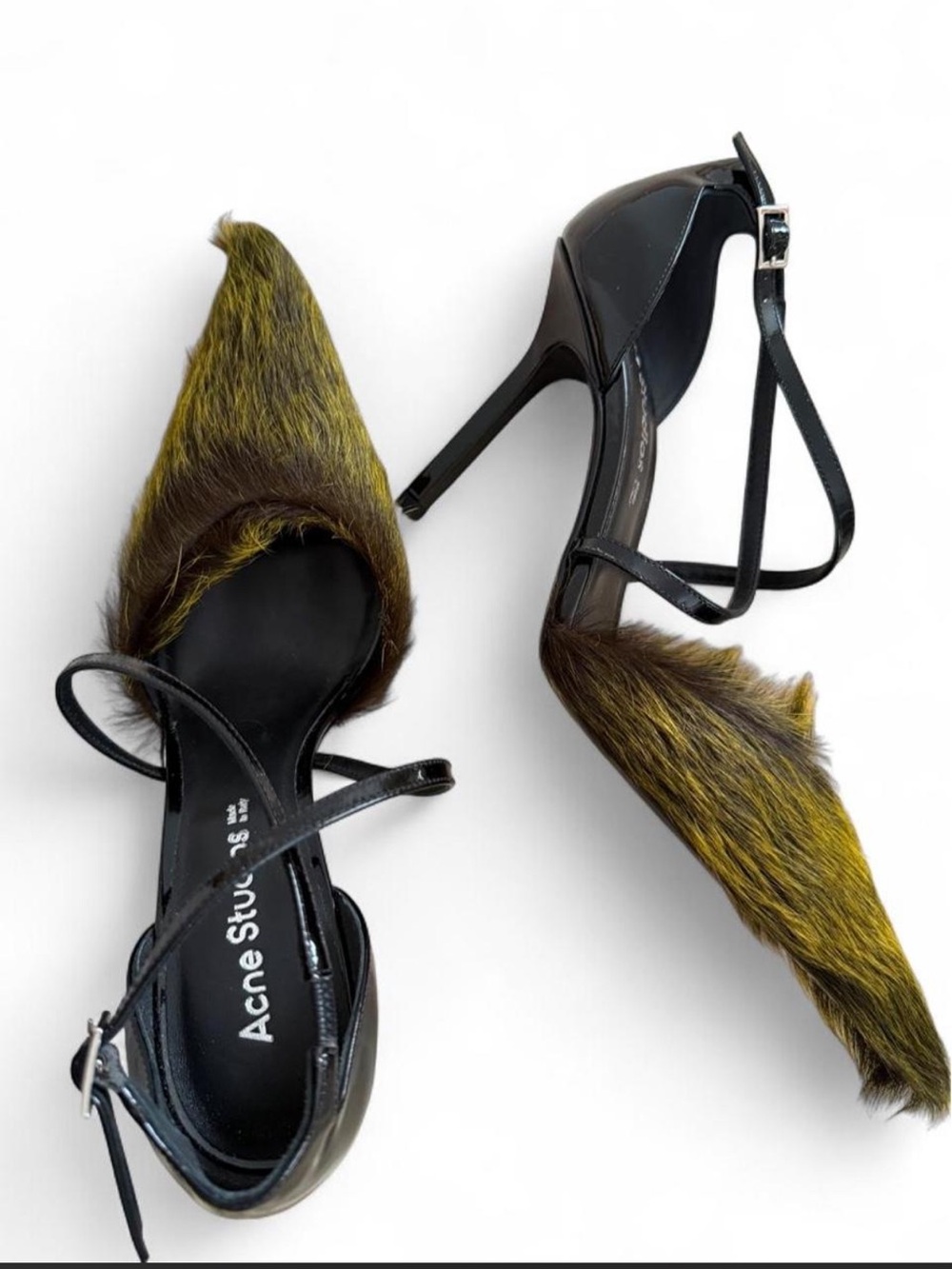 Acne Studios Olive Fur-Trimmed Black Leather Pointed-Toe Ankle-Strap Heels